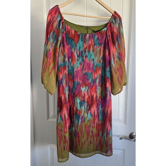 Tiana B. Watercolor Multi Color 3/4 Bell Sleeve Midi Shift Dress Sz 8 -Party - Picture 1 of 8